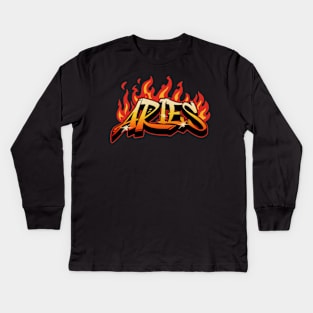 Aries Zodiac Retro Flames Birthday Kids Long Sleeve T-Shirt